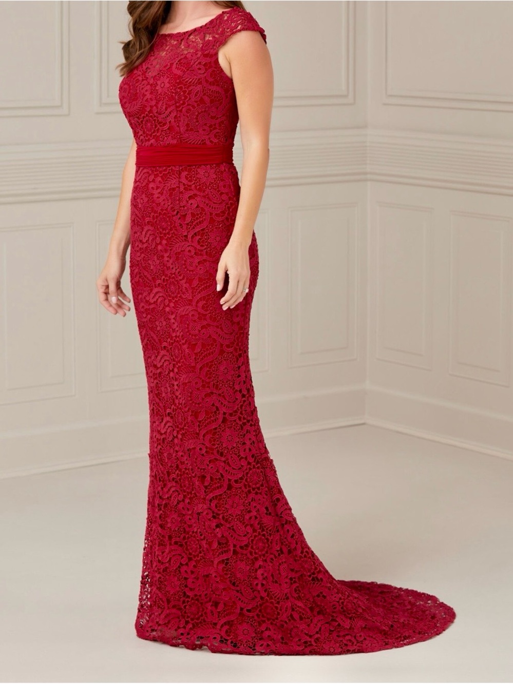 Christina Wu Wine Lace Maxi Gown